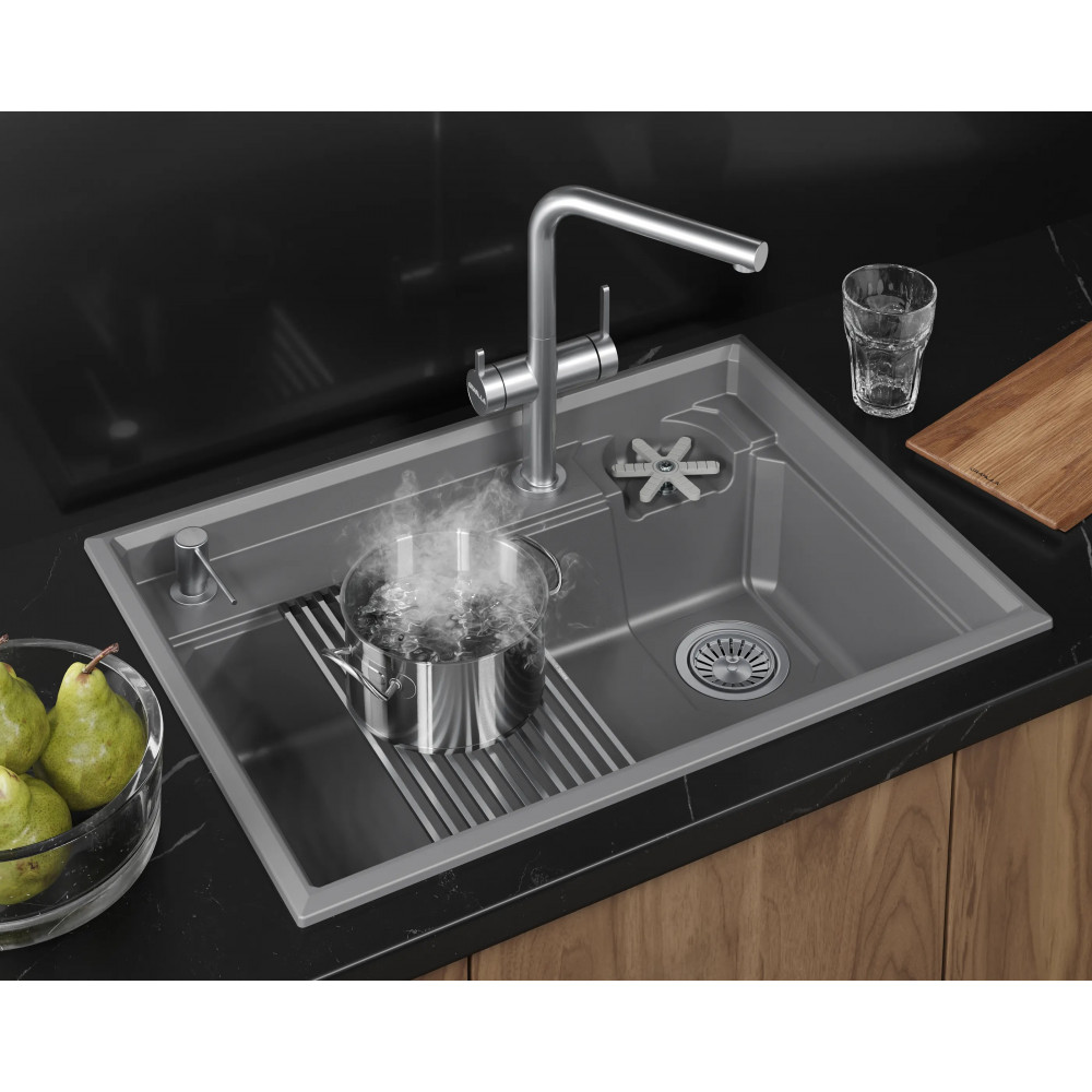 7308R, АЛЮМИНИУМ, кухонная мойка, кварц Granula, Kitchen Space Rinzer, 73х52 см