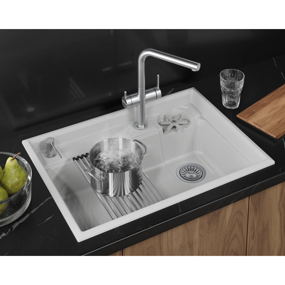 7308R, АРКТИК (белый), кухонная мойка, кварц Granula, Kitchen Space Rinzer, 73х52 см