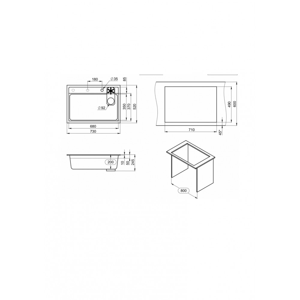 7308R, АЛЮМИНИУМ, кухонная мойка, кварц Granula, Kitchen Space Rinzer, 73х52 см