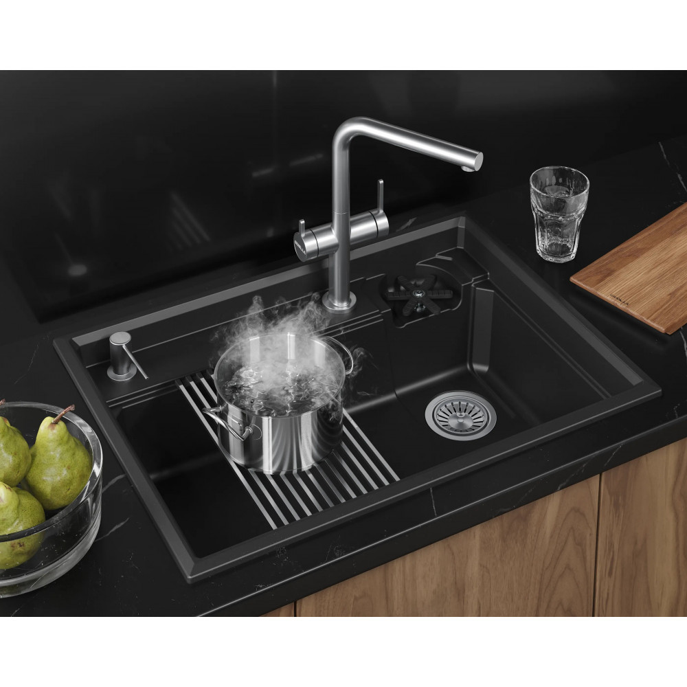 7308R, ШВАРЦ (чёрный металлик), кухонная мойка, кварц Granula, Kitchen Space Rinzer, 73х52 см