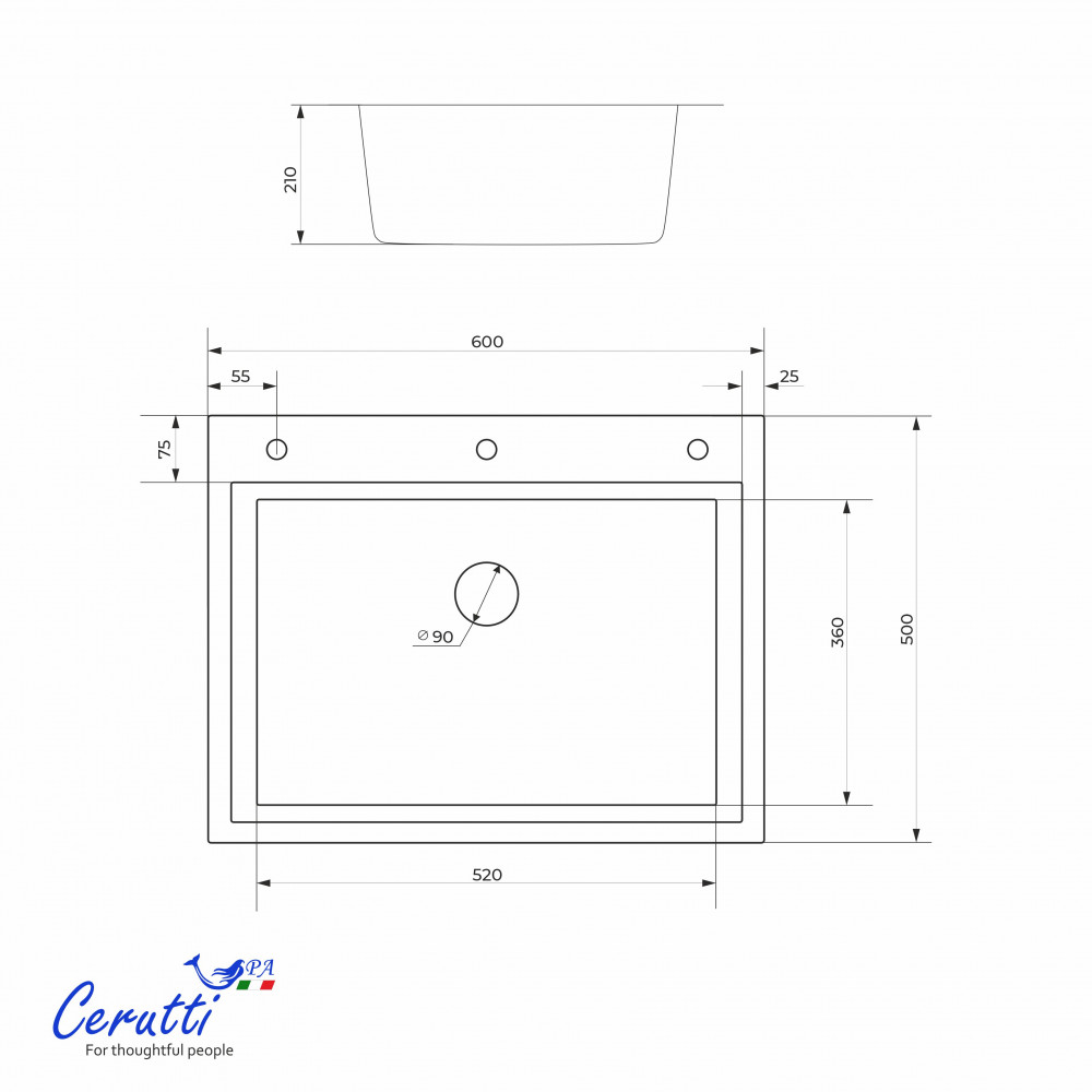Мойка для кухни GLORIA60B nano black (графит) нерж.сталь 600*500*220 Ceruttispa HMS6050B